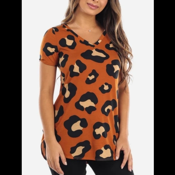 Tops - Brown Animal Print V-Neck Shirt Top